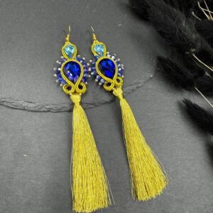 długie kolczyki sutasz niebiesko złote z chwostami handmade
